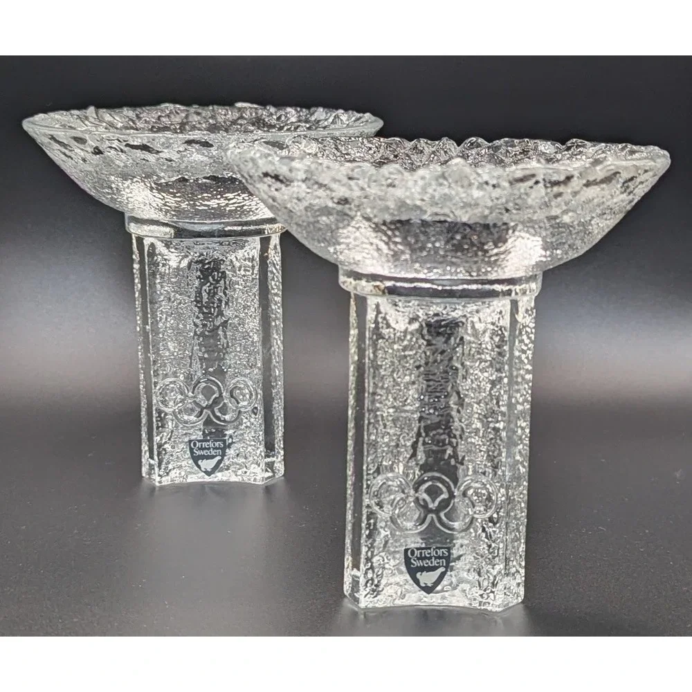 Orrefors Signed 1984 LA Olympic Torch Art Glass Votive Holders Lars Hellsten (2)